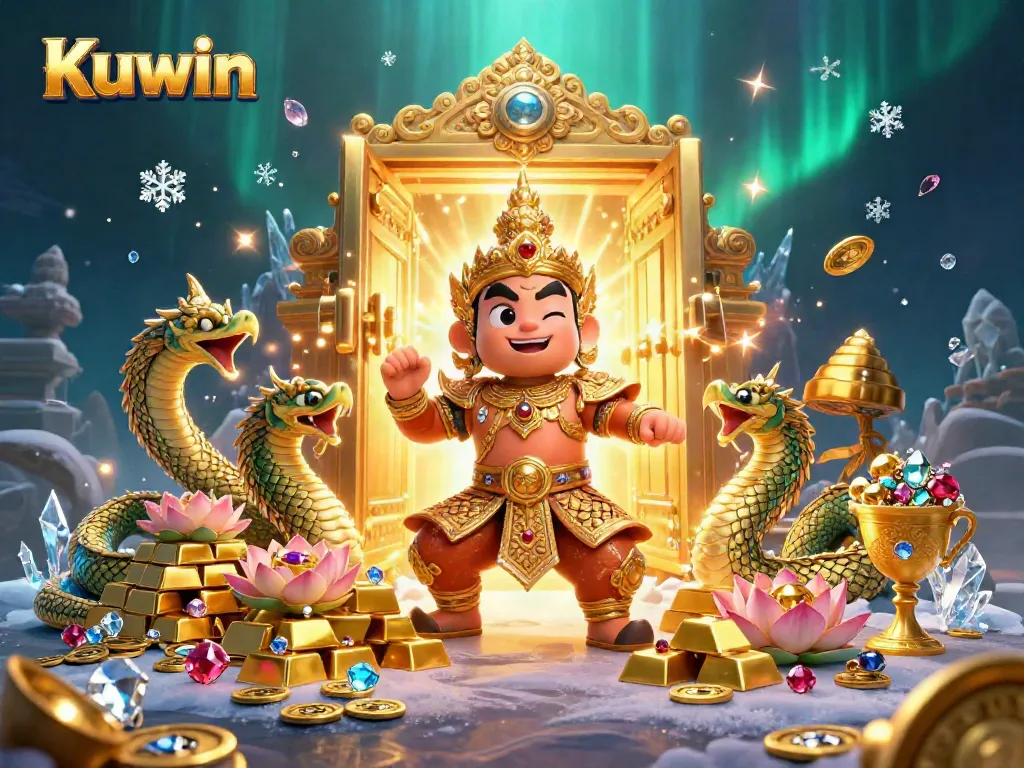 Kuwin showcases a vibrant online casino scene with golden treasures and a friendly guardian for immersive gaming.