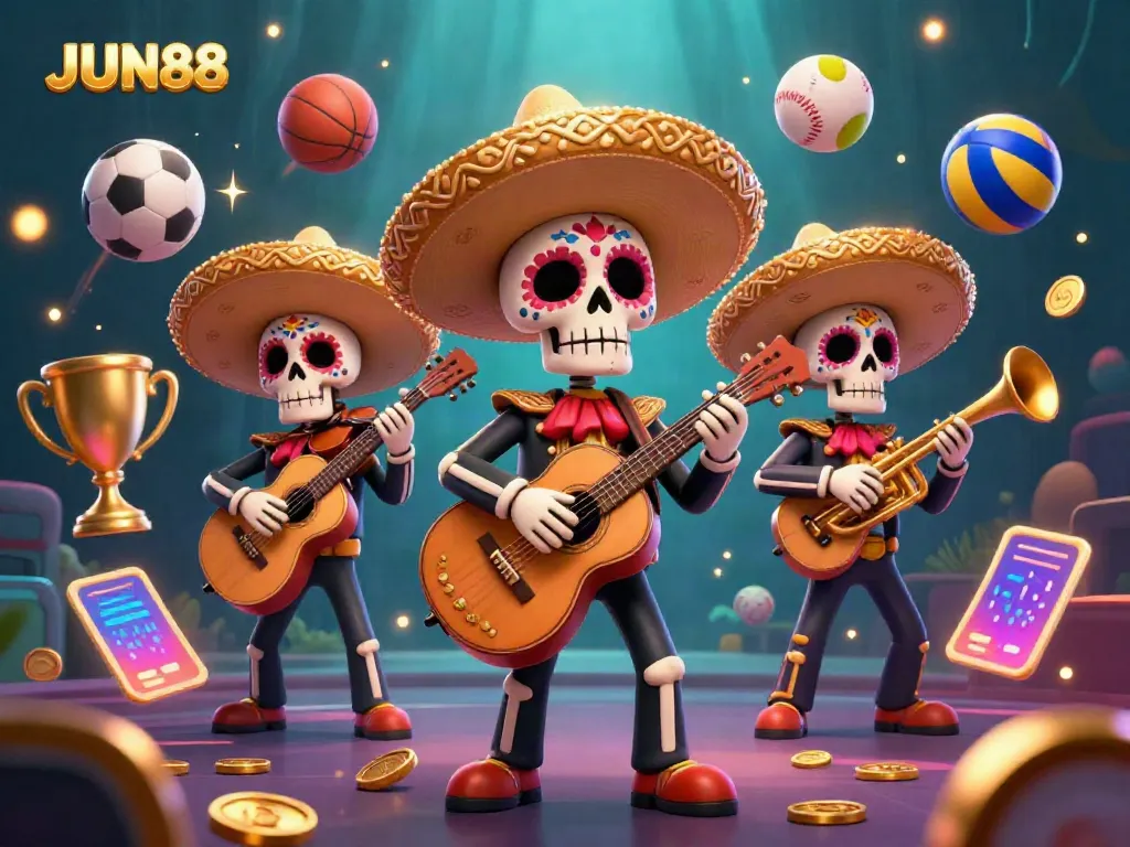 Experience the vibrant energy of JUN88 with a lively 3D skeleton mariachi band surrounded by dynamic sports game elements.