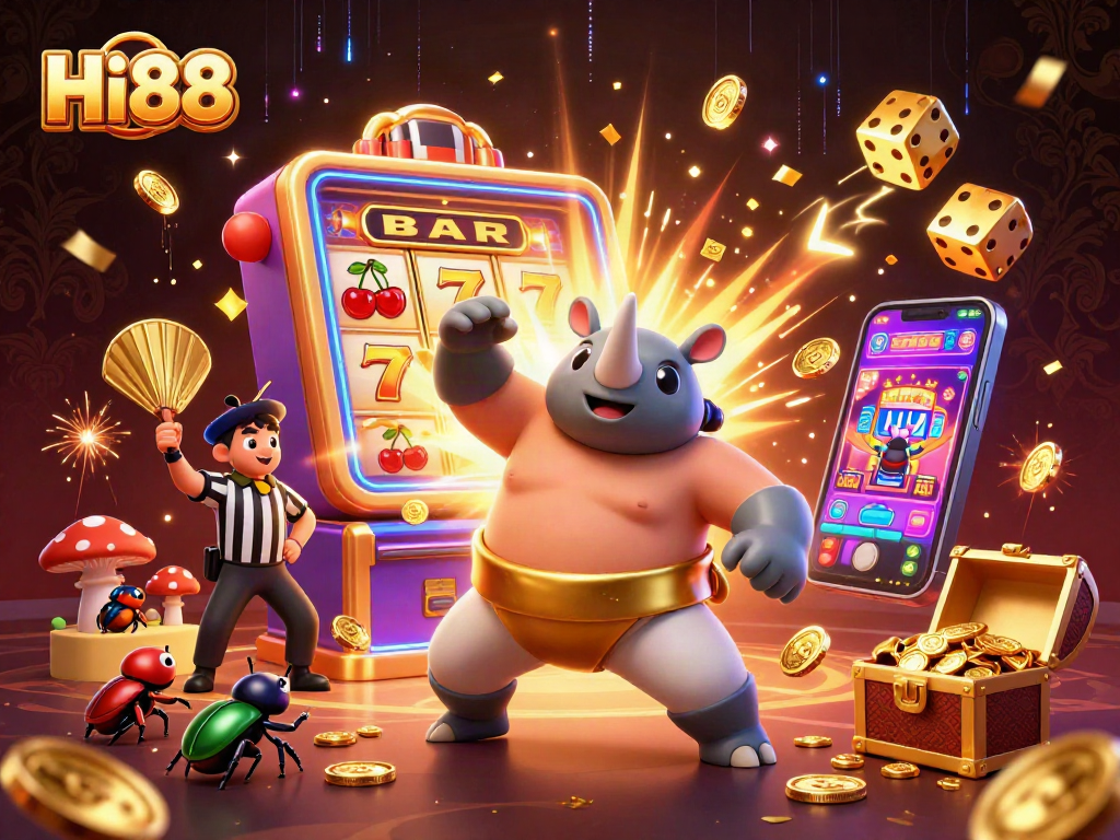 Hi88 showcases a thrilling 3D casino scene with a beetle sumo champion amid flying coins and jackpot excitement.