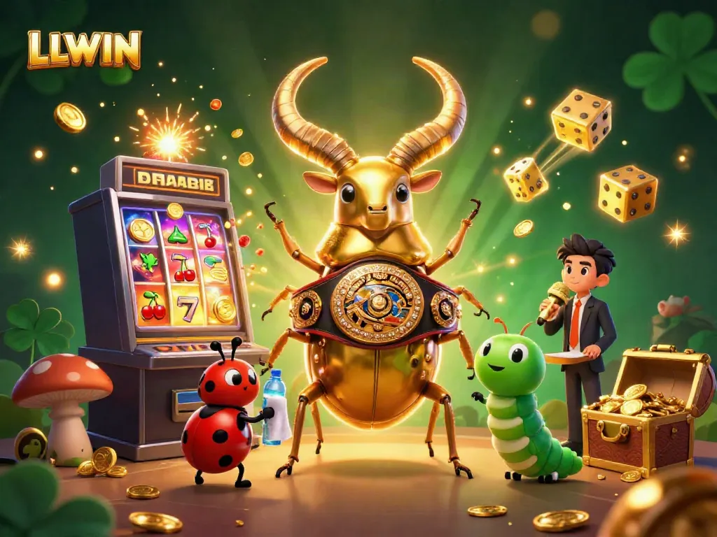 Experience thrilling gameplay at LLWIN with a dynamic casino scene featuring vibrant characters and a jackpot slot machine.