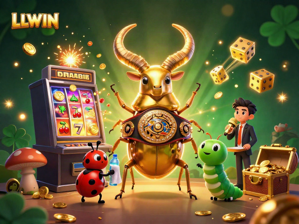 Experience thrilling gameplay at LLWIN with a dynamic casino scene featuring vibrant characters and a jackpot slot machine.