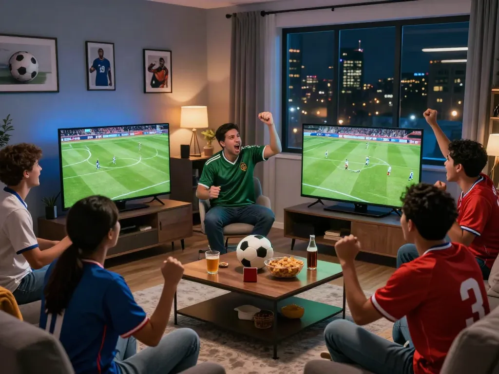 Friends enjoying a live Thapcamtv football match in a cozy living room.