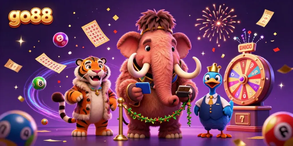 Engage with go88 as a vibrant illustration displays a mammoth bouncer and detailed casino elements.