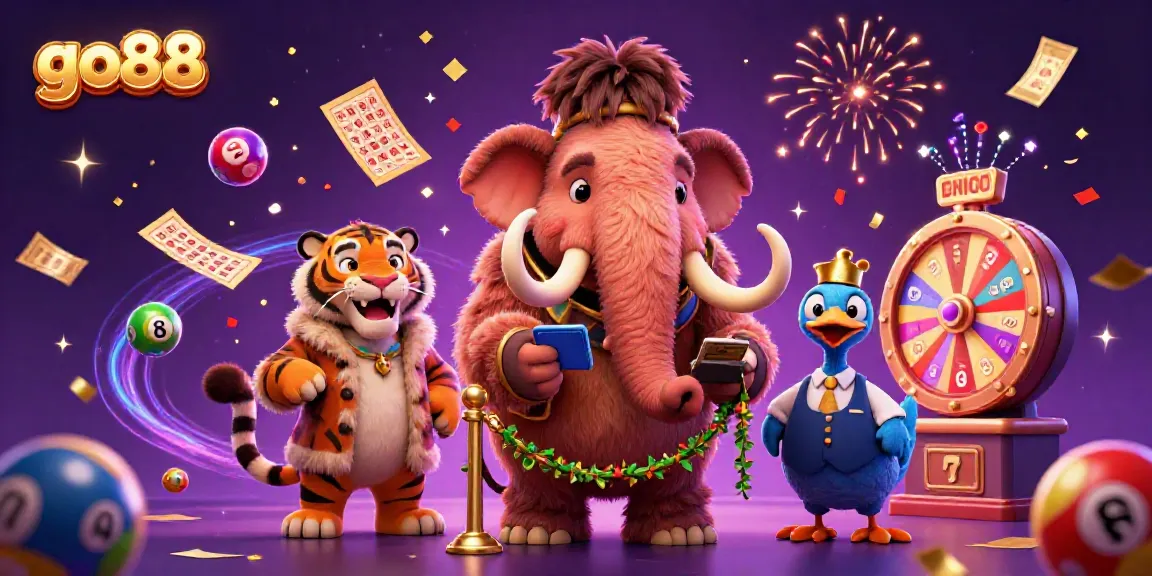 Engage with go88 as a vibrant illustration displays a mammoth bouncer and detailed casino elements.