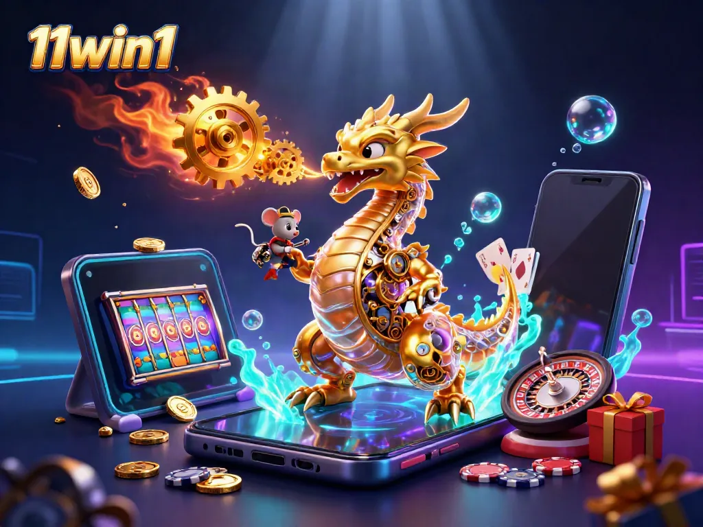 Experience thrilling gameplay at 11win1 with a golden dragon and dynamic casino elements.