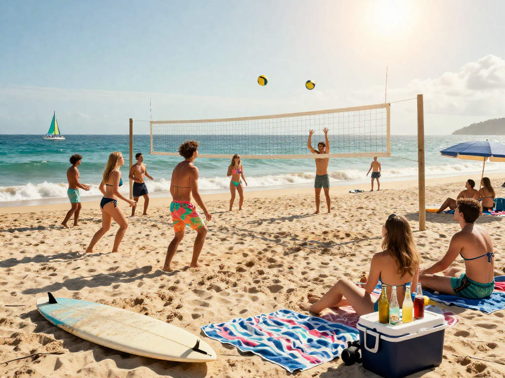 Group of friends enjoying a sunny beach day showcasing stylish BIKINISLOT swimwear.