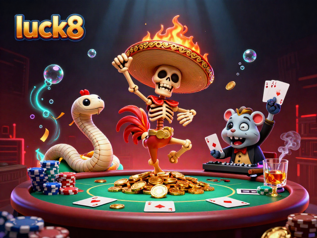 Engage with the luck8 casino experience, featuring vibrant characters and lively poker scene.