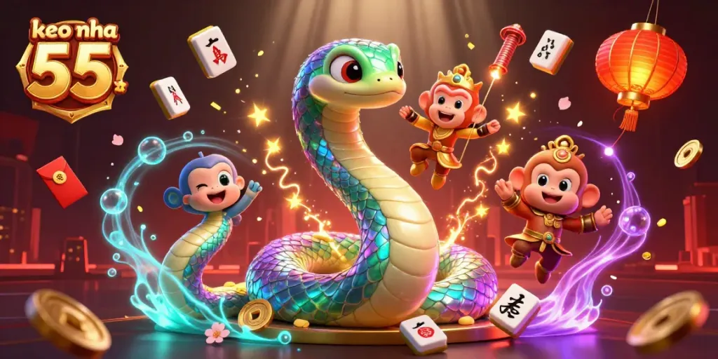 Experience the excitement of keo nha cai 55 with vibrant gambling elements in a colorful 3D scene.