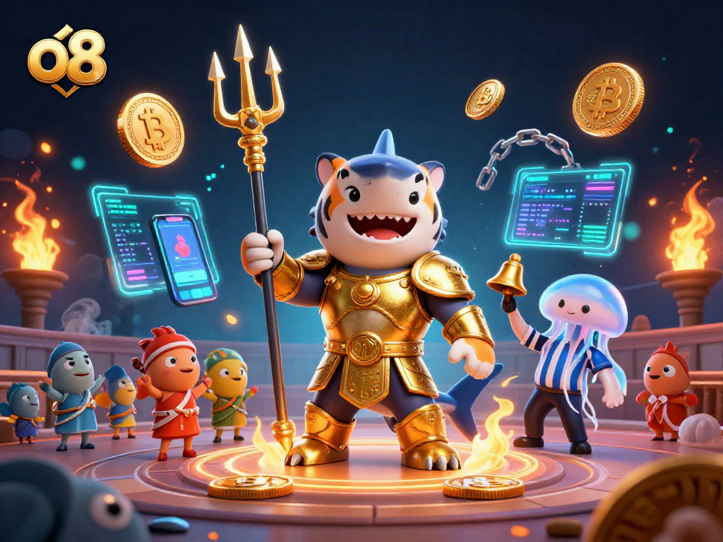 Experience the thrill of o8 with a vibrant 3D underwater casino scene featuring a shark gladiator amidst glowing crypto elements.