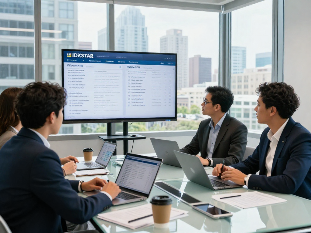 Meeting of real estate professionals discussing IDXSTAR integration in a modern office.