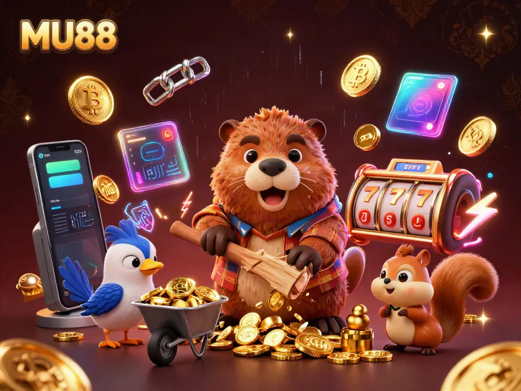 Engage with MU88's vibrant slot gaming scene featuring animated cartoon characters in a dynamic casino environment.