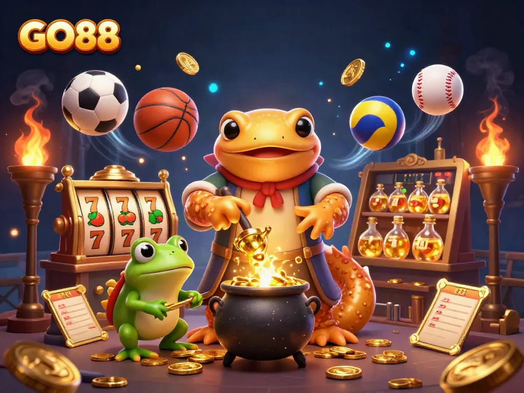 Engage in winning strategies with GO88's dynamic 3D casino scene filled with gold coins and exciting gameplay.