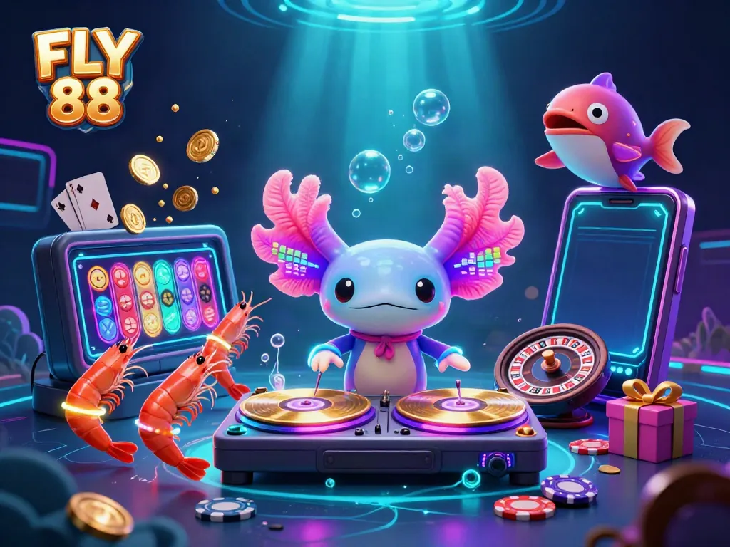 Engage with the vibrant FLY 88 world featuring a neon axolotl DJ and glowing casino elements