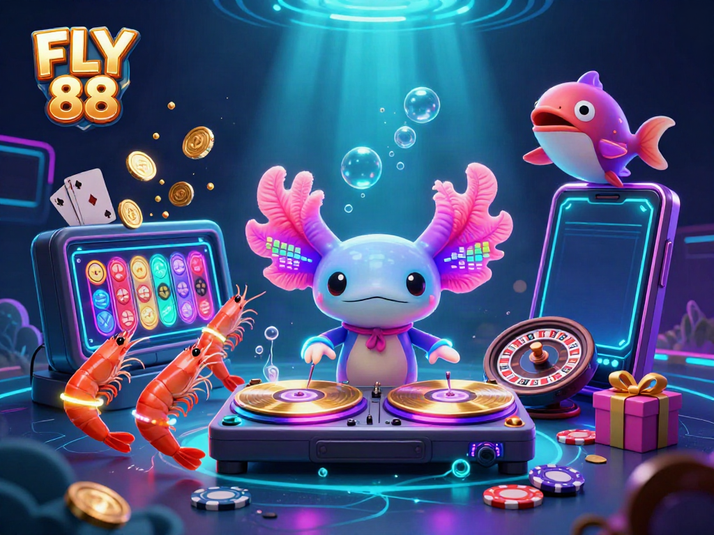 Engage with the vibrant FLY 88 world featuring a neon axolotl DJ and glowing casino elements