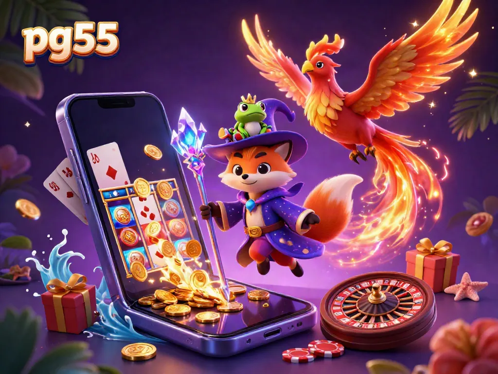 Engage in exciting gameplay at pg55 with dynamic casino elements in a mystical 3D illustration.