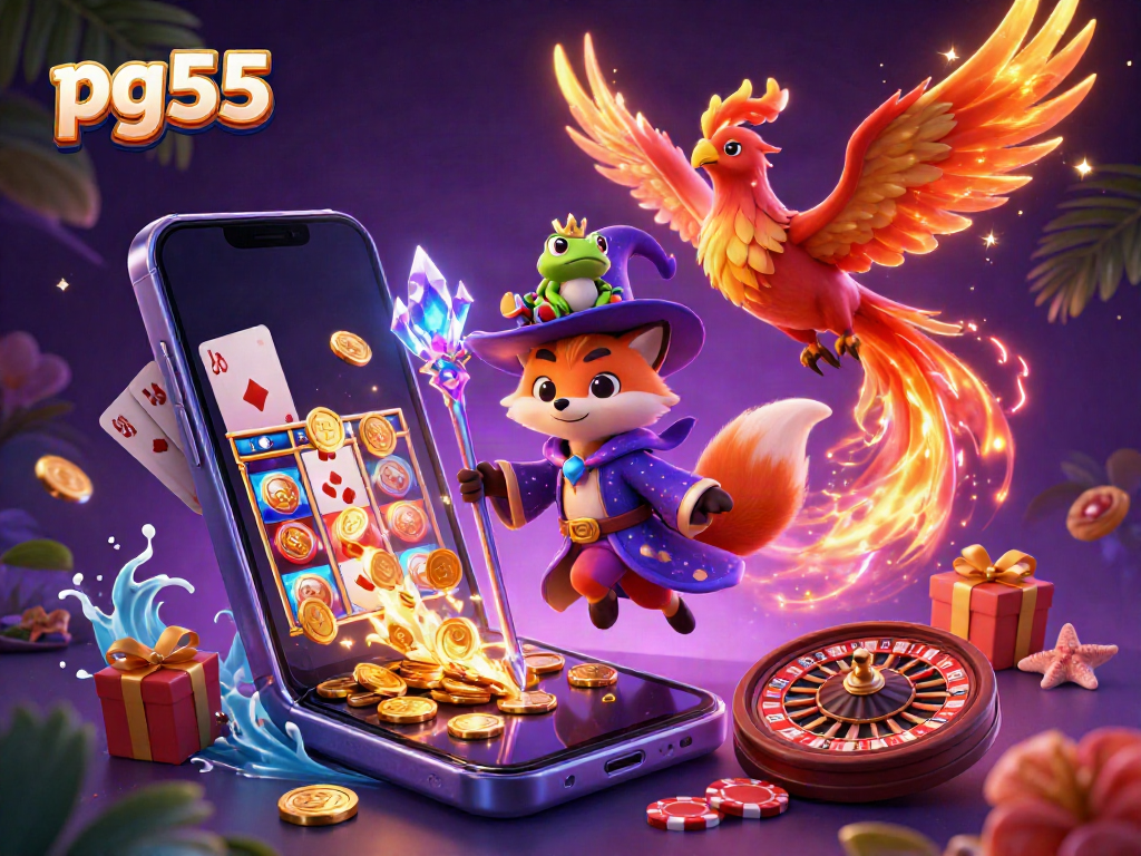 Engage in exciting gameplay at pg55 with dynamic casino elements in a mystical 3D illustration.
