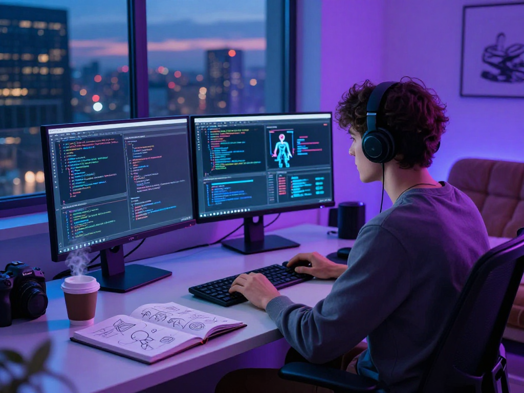 Exploring nsfw ai development in a modern workspace with dual monitors, notes, and a city skyline.