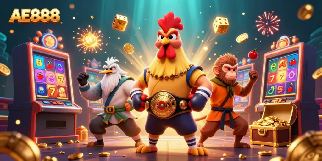 Engage with the vibrant AE888 casino scene featuring a Muay Thai rooster, martial artist monkey, and crane master amidst lively gaming elements.