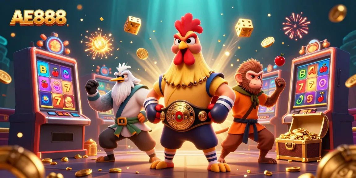 Engage with the vibrant AE888 casino scene featuring a Muay Thai rooster, martial artist monkey, and crane master amidst lively gaming elements.