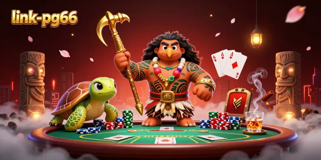 Experience thrilling poker action with link-pg66 in this dynamic 3D casino scene featuring vibrant characters and lush details.