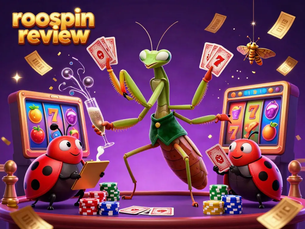 Experience the excitement of roospin review with a vibrant casino scene featuring a cartoon mantis and ladybug.