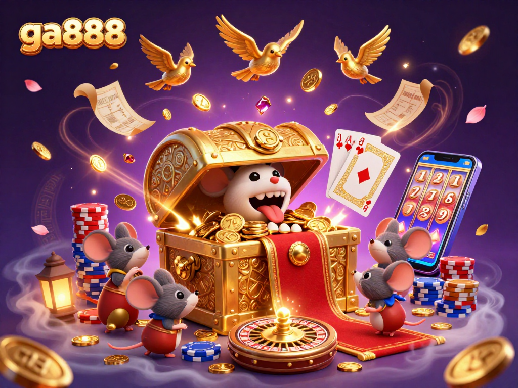 Experience the thrilling adventures at ga888 casino featuring a treasure chest and vibrant gaming scenes.