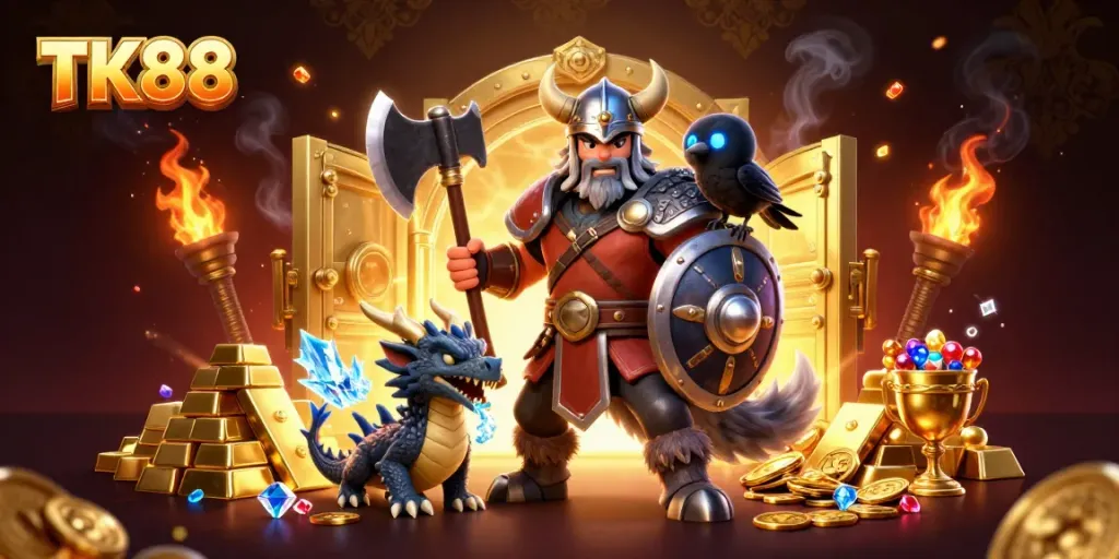 Experience the thrill at TK88 with a Viking warrior, dragon, and treasure amidst a vibrant gambling scene.