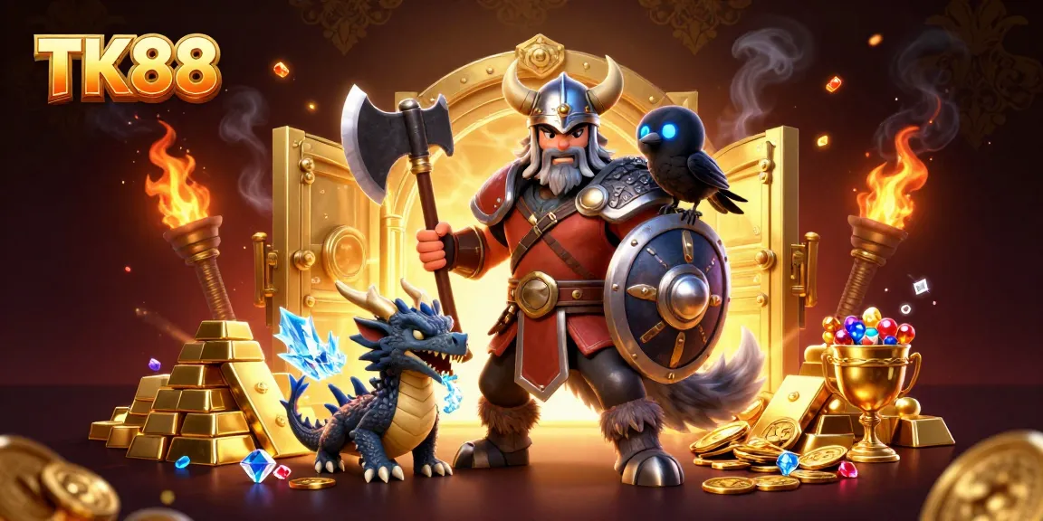 Experience the thrill at TK88 with a Viking warrior, dragon, and treasure amidst a vibrant gambling scene.