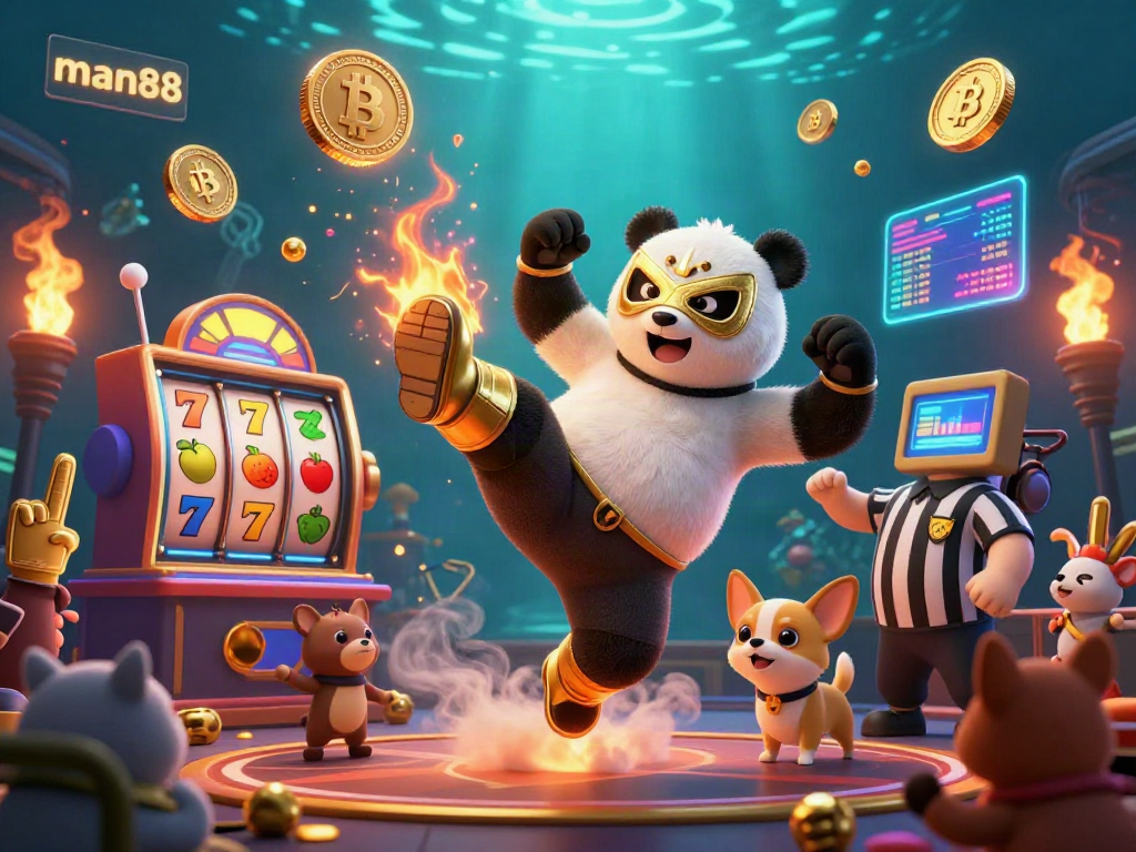 Experience thrilling casino action with man88 in a vibrant, packed 3D illustration featuring dynamic characters and gambling symbols.