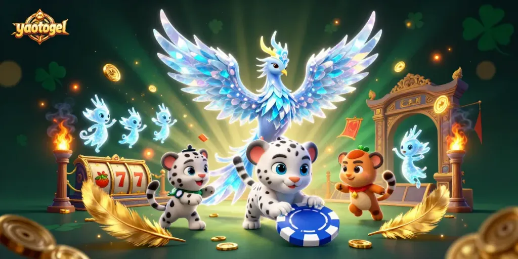 Experience yaotogel's vibrant online gaming with an ice phoenix, slot elements, and glowing sprites.