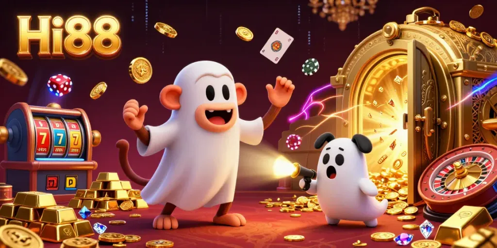 Experience Hi88 gaming excitement with a 3D poltergeist monkey juggling golden casino elements in a vibrant scene.