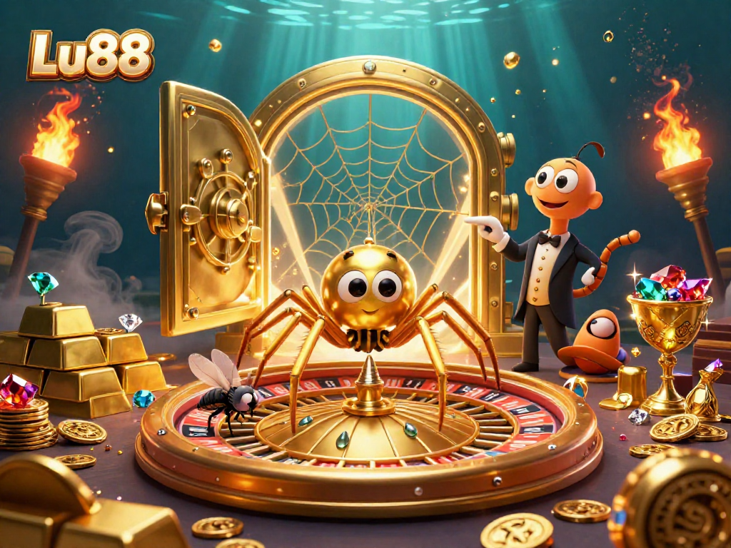 Lu88 showcases a golden spider croupier spinning a roulette wheel web in an engaging casino scene.