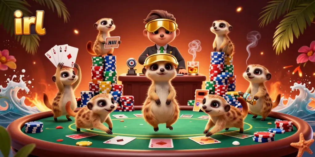 Experience the excitement of irl gaming with meerkats managing their lively casino setup.