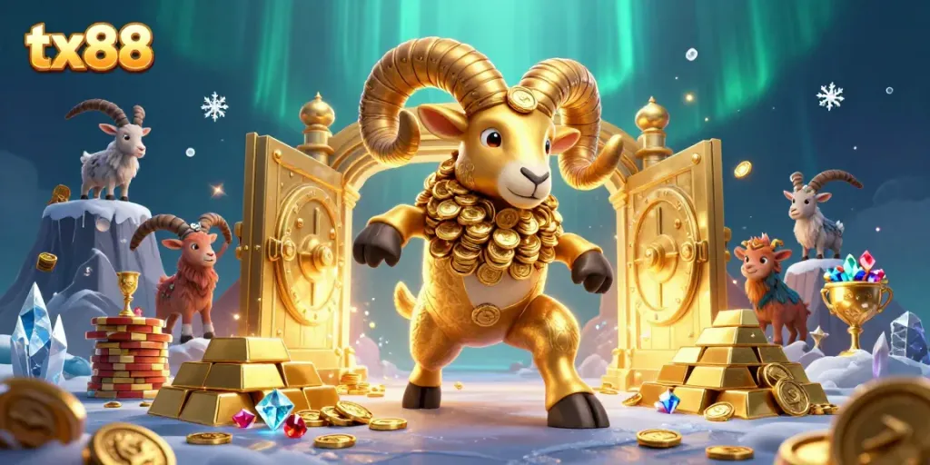 Experience the thrilling gaming world of tx88 with a charging golden ram at a treasure vault, showcasing casino excitement!