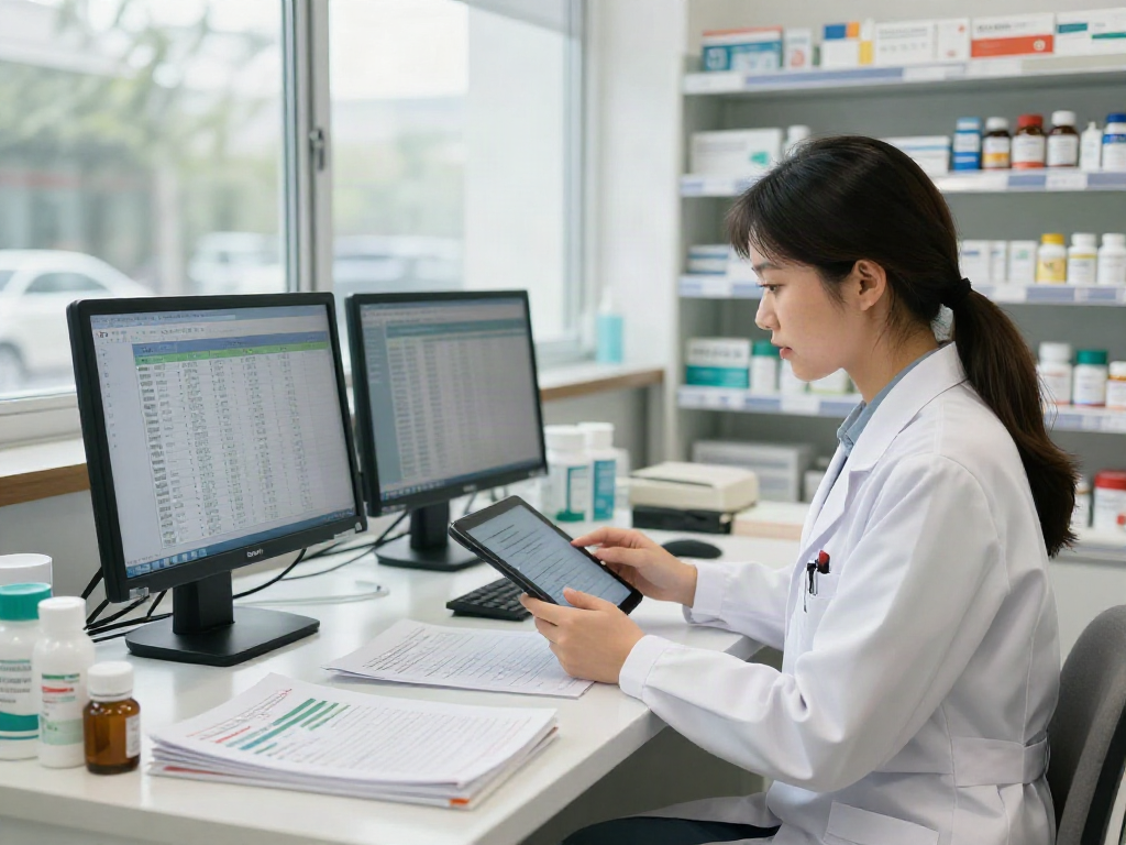 Pharmacist searching for Haad exam-related medicines in a modern pharmacy.
