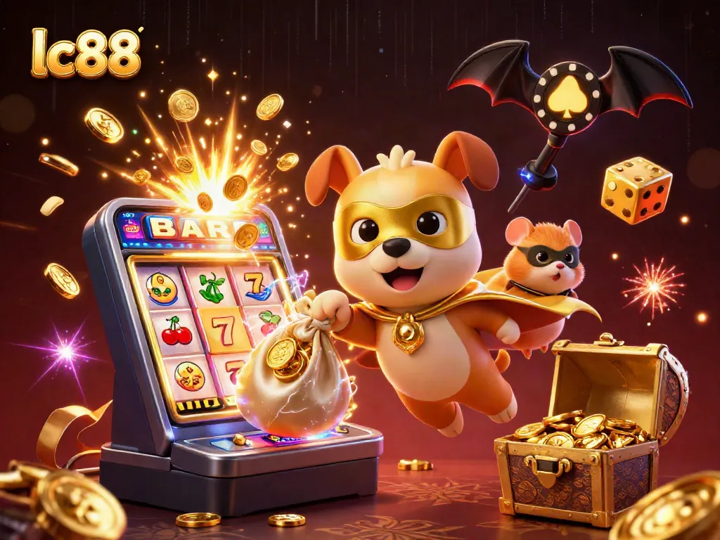 Get ready to win with lc88 as a superhero dog and hamster bring the jackpot to life in a vibrant casino scene.