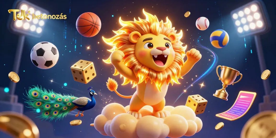 Engaging scene of Telki betonozás featuring a cartoon lion and golden dice, vibrant sports elements.