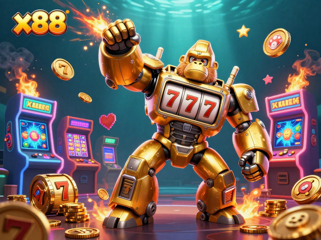 x88 engages gamblers with a golden gorilla mech capturing jackpots amidst dynamic gaming elements.