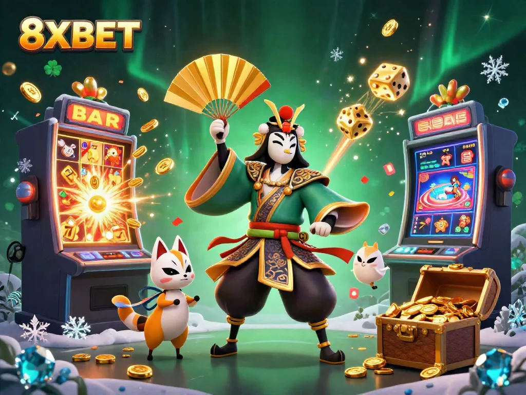 Experience the excitement of 8XBET with this vibrant 3D casino scene filled with slots and winning symbols.