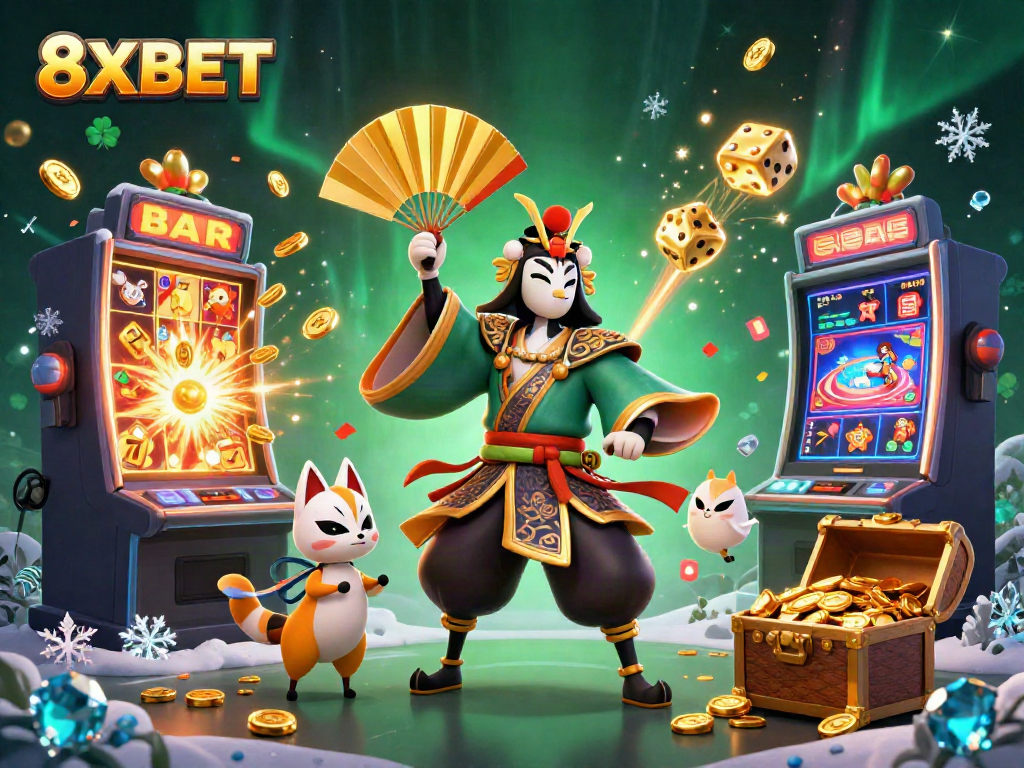 Experience the excitement of 8XBET with this vibrant 3D casino scene filled with slots and winning symbols.