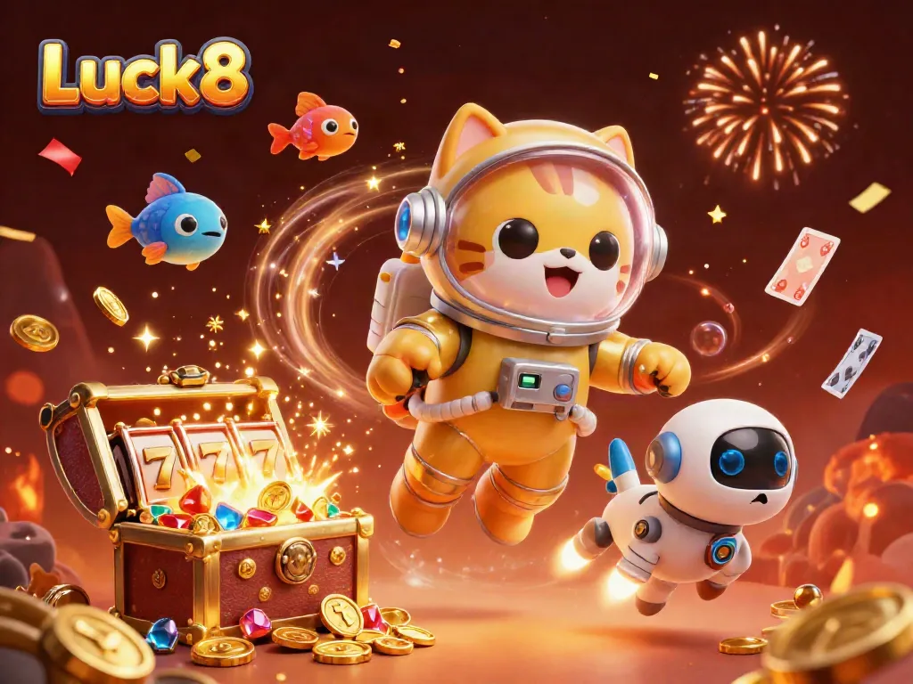 Luck8's immersive gaming experience with gold coins, slot machines, and vibrant cosmic elements