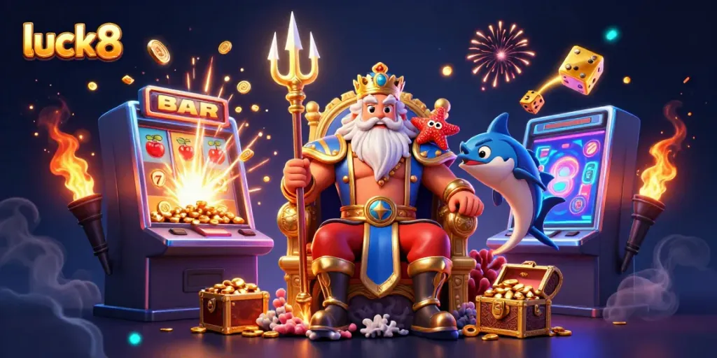 Experience the vibrant casino scene at luck8, featuring sea king Neptune surrounded by jackpot elements.