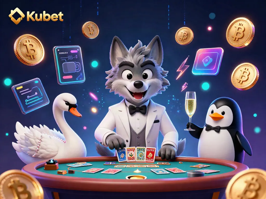 Experience thrilling gaming with Kubet's vibrant casino scene featuring a debonair wolf, elegant swan, and penguin sommelier.