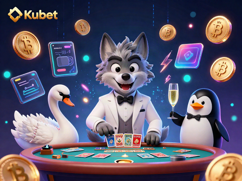 Experience thrilling gaming with Kubet's vibrant casino scene featuring a debonair wolf, elegant swan, and penguin sommelier.