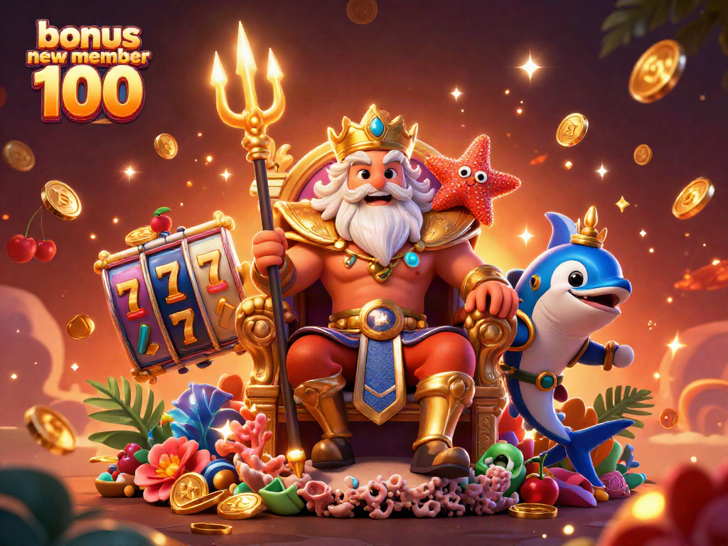 Enjoy a thrilling scene of bonus new member 100 with vibrant slot reels and festive characters!