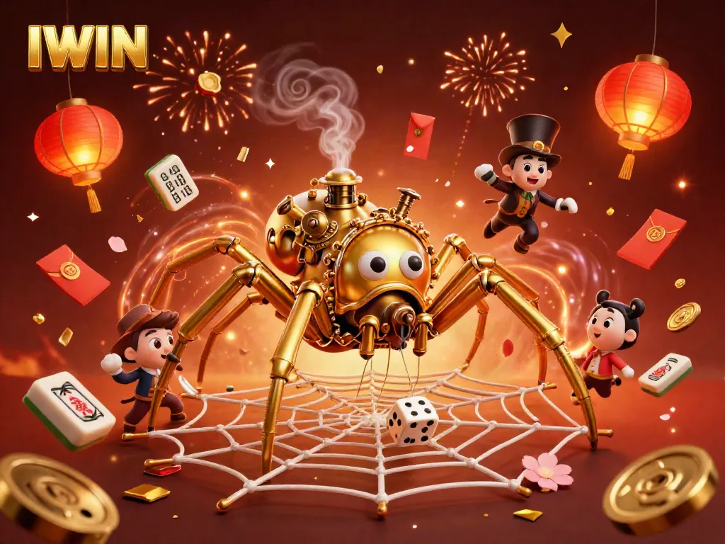 IWIN's vibrant casino adventure scene features a steampunk spider and a fly gentleman amid floating game elements.