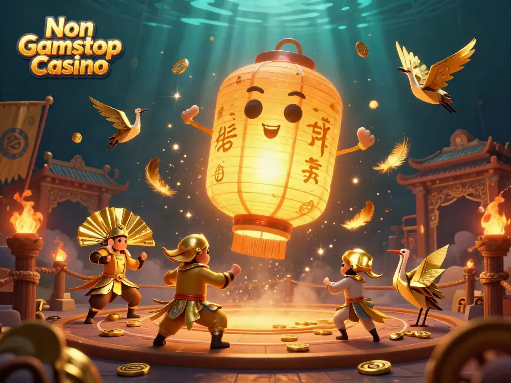 Engage with the vibrant Non Gamstop Casino scene showcasing a giant lantern spirit, paper fan warriors, and golden game elements.