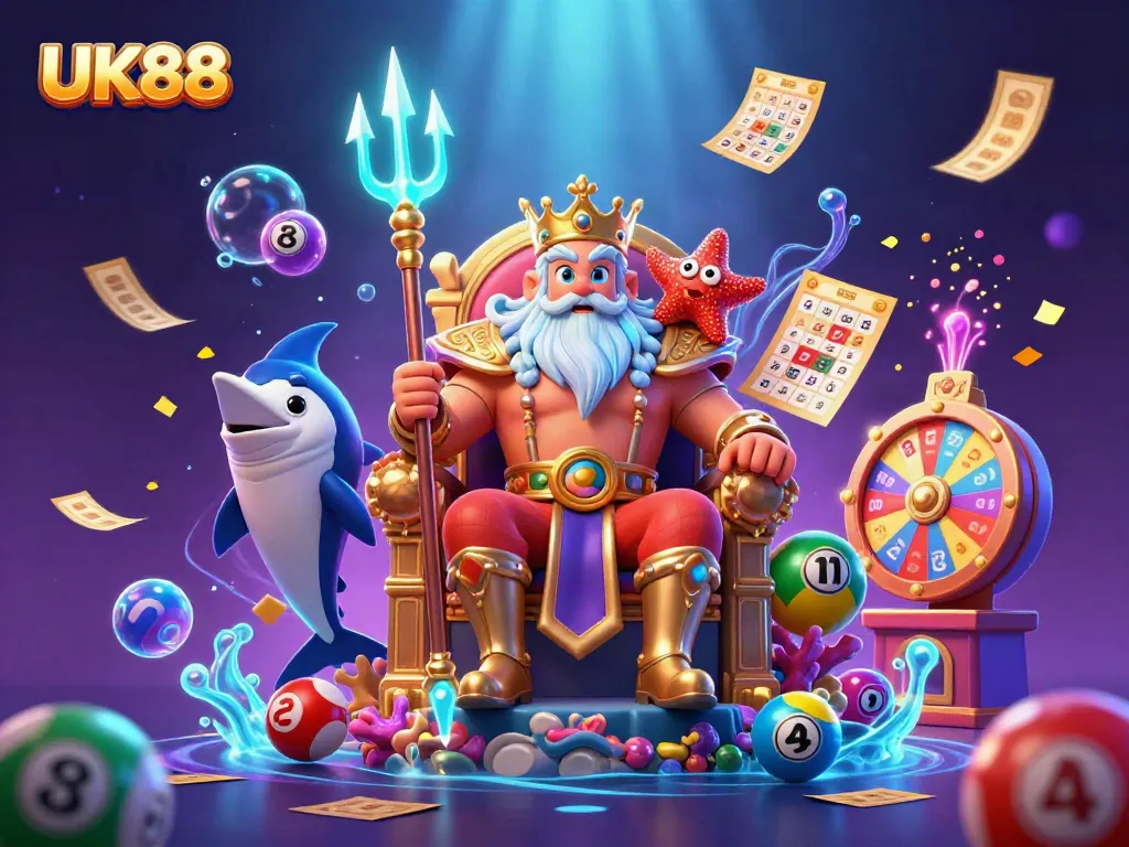 Experience the excitement of UK88 with Neptune and his sea companions amidst vibrant lottery elements.