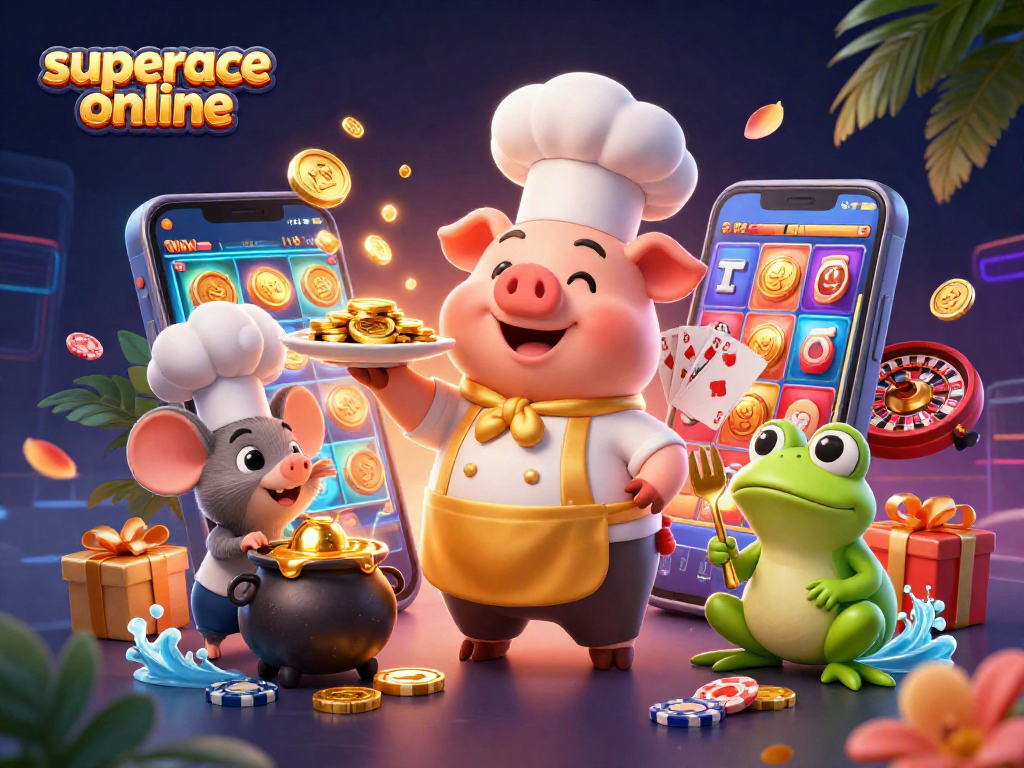 Experience superace online with a lively scene featuring a chef pig, gold coins, and vibrant slot games.