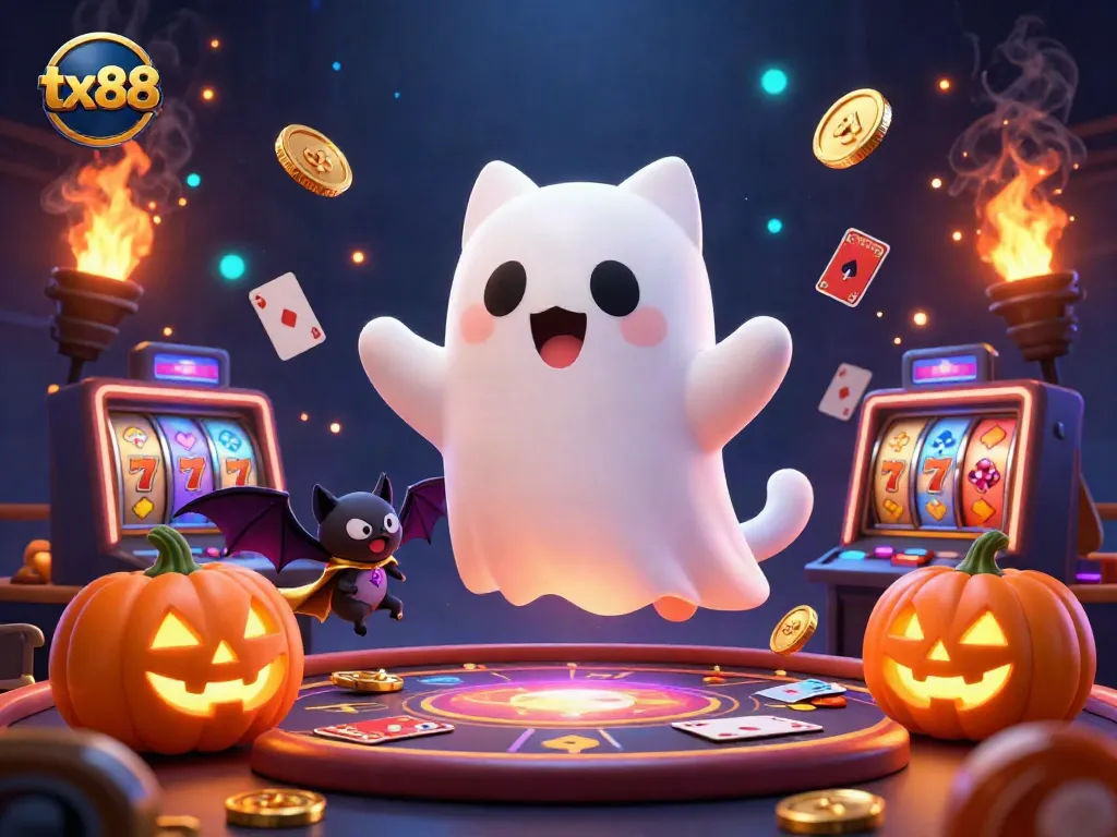 Experience the excitement of tx88 with a ghost cat and playful vampire bat in a vibrant casino.